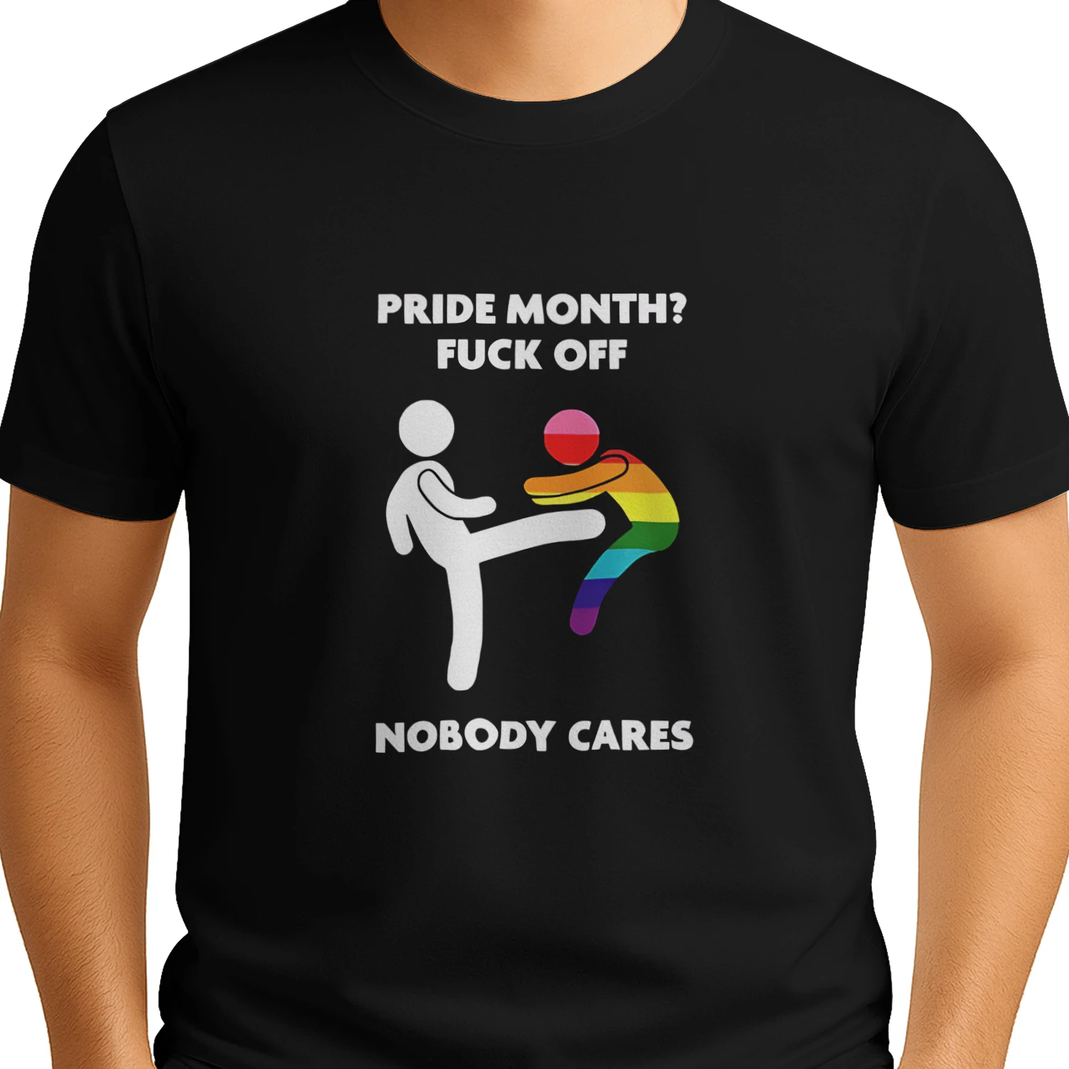 Stick figure kicking rainbow character pride month fuck off nobody cares shirt