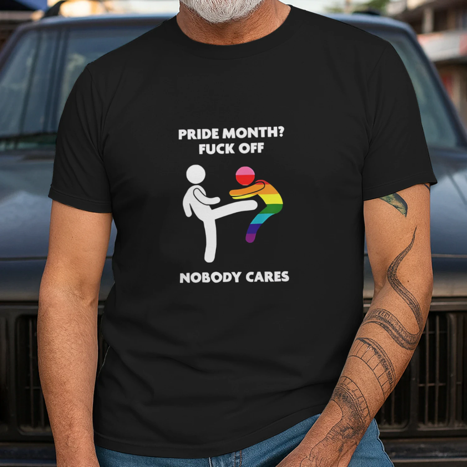 Stick figure kicking rainbow character pride month fuck off nobody cares shirt