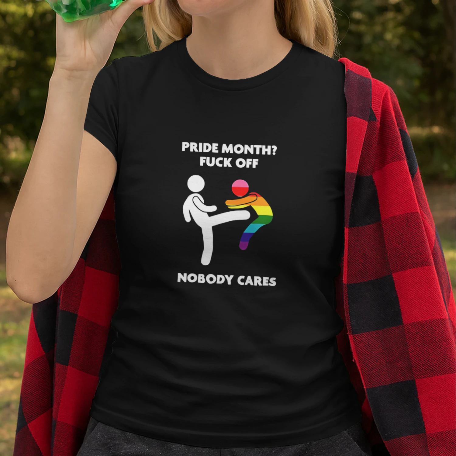 Stick figure kicking rainbow character pride month fuck off nobody cares shirt