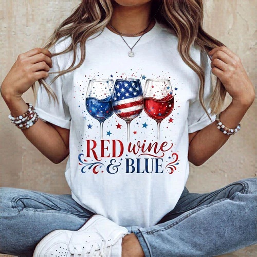 Red Wine & Blue Patriotic Wine Glasses T-Shirt – 4th of July USA