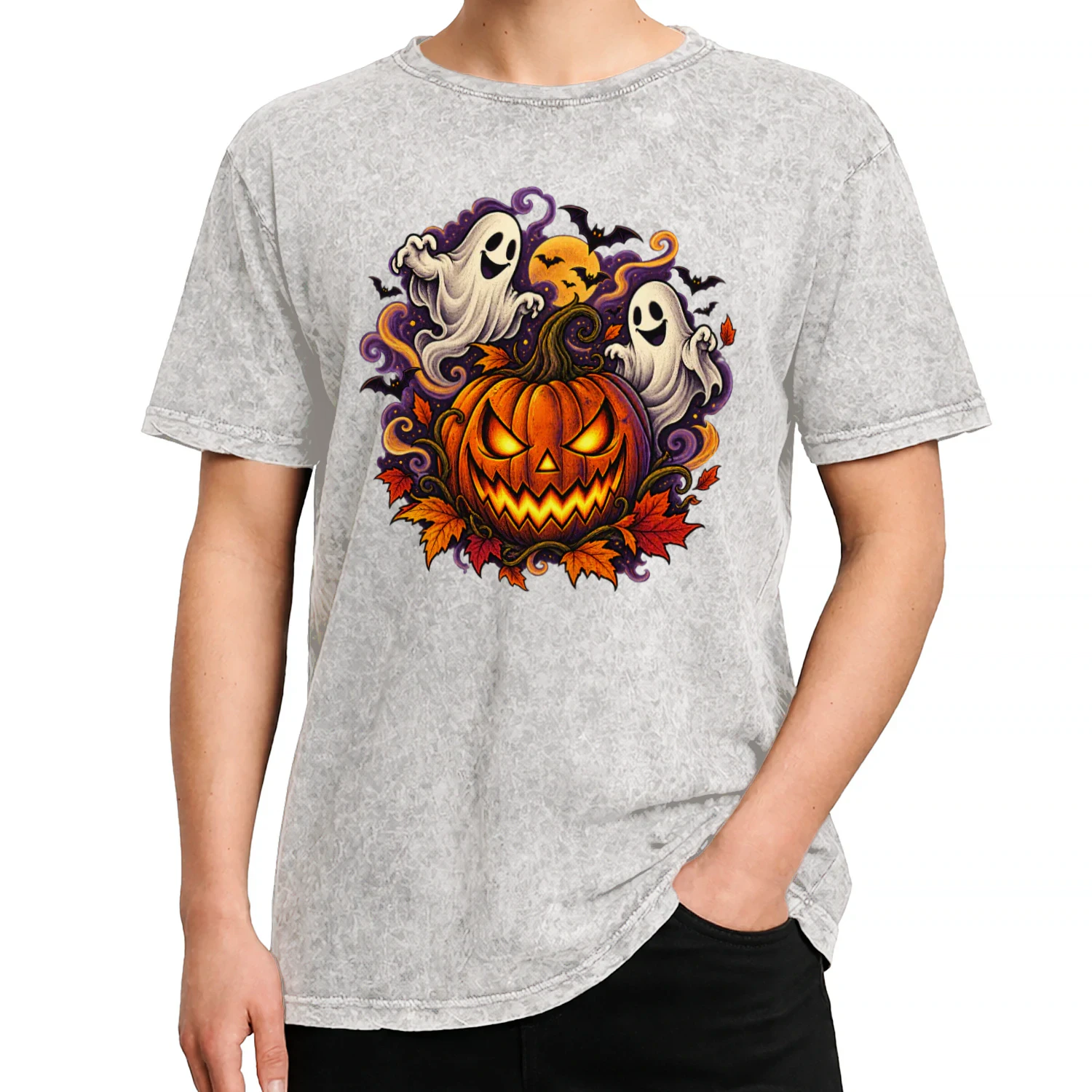 Halloween T-Shirt mit Kürbis & Geistern – Vintage Acid WashDesign
