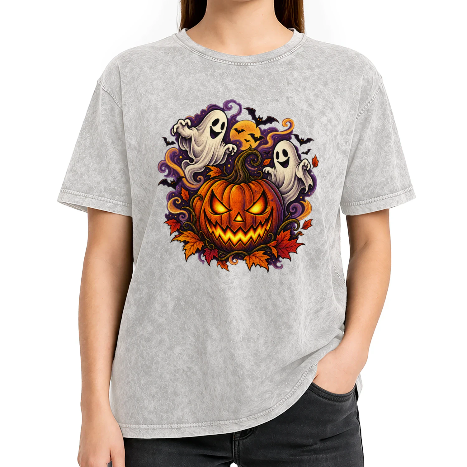 Halloween T-Shirt mit Kürbis & Geistern – Vintage Acid WashDesign