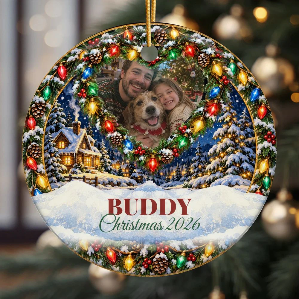 Golden Retriever Cabin Lights Ceramic Ornament