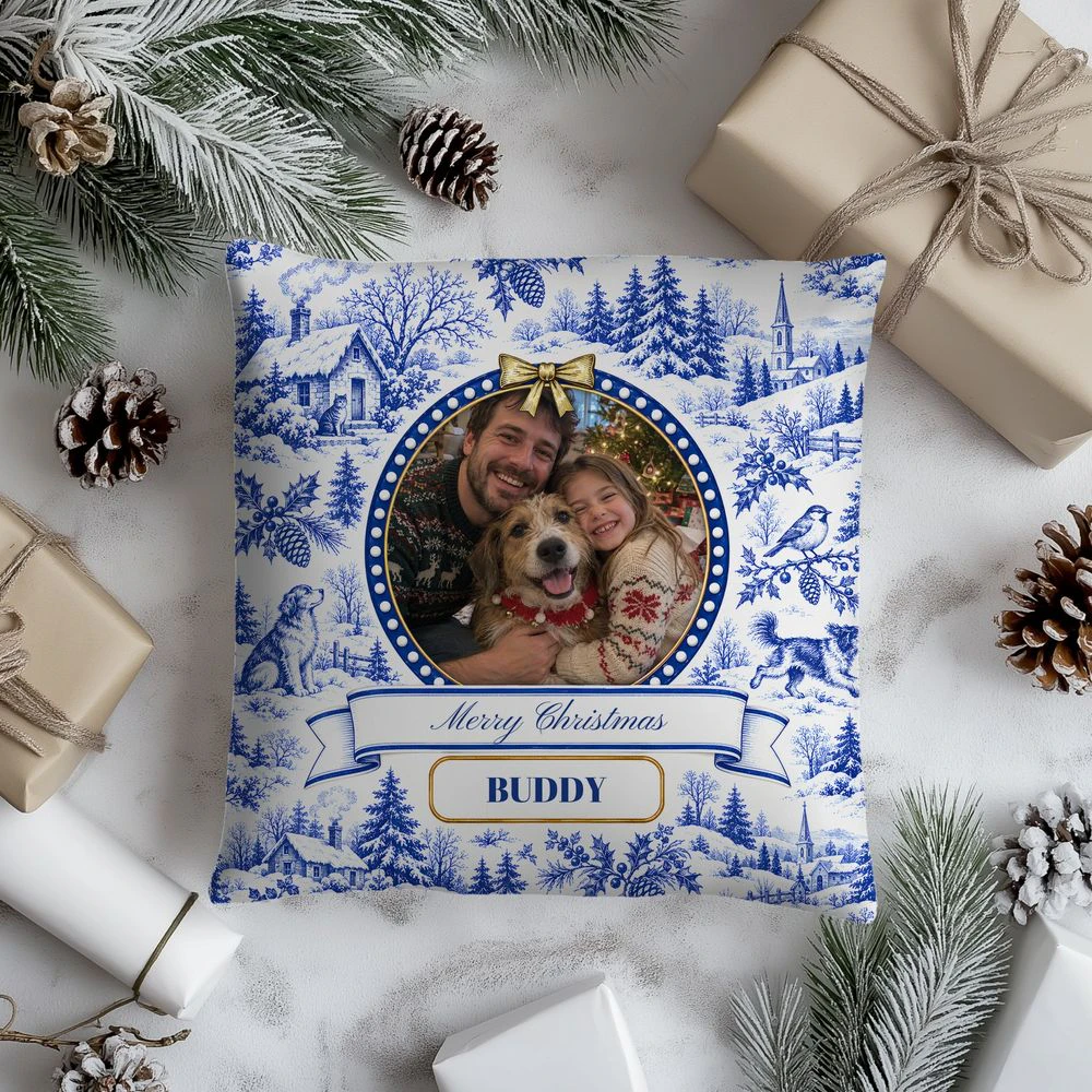Blue Toile Personalized Photo Pillow