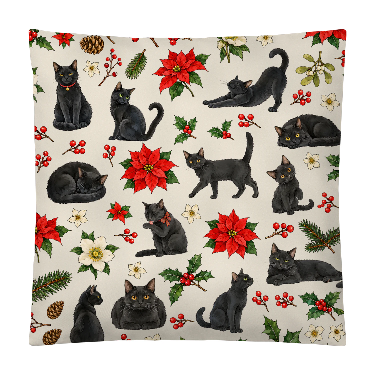 Black Cat Christmas Holly Pillow