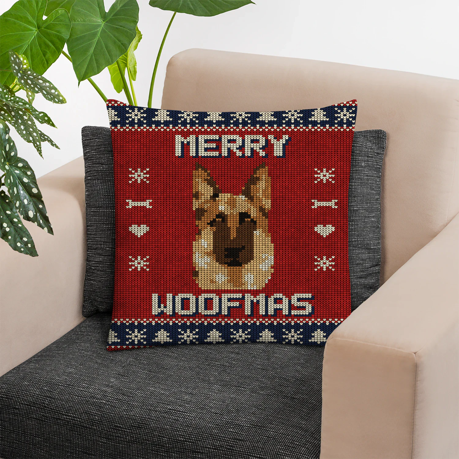 German Shepherd Merry Woofmas Sweater Pillow