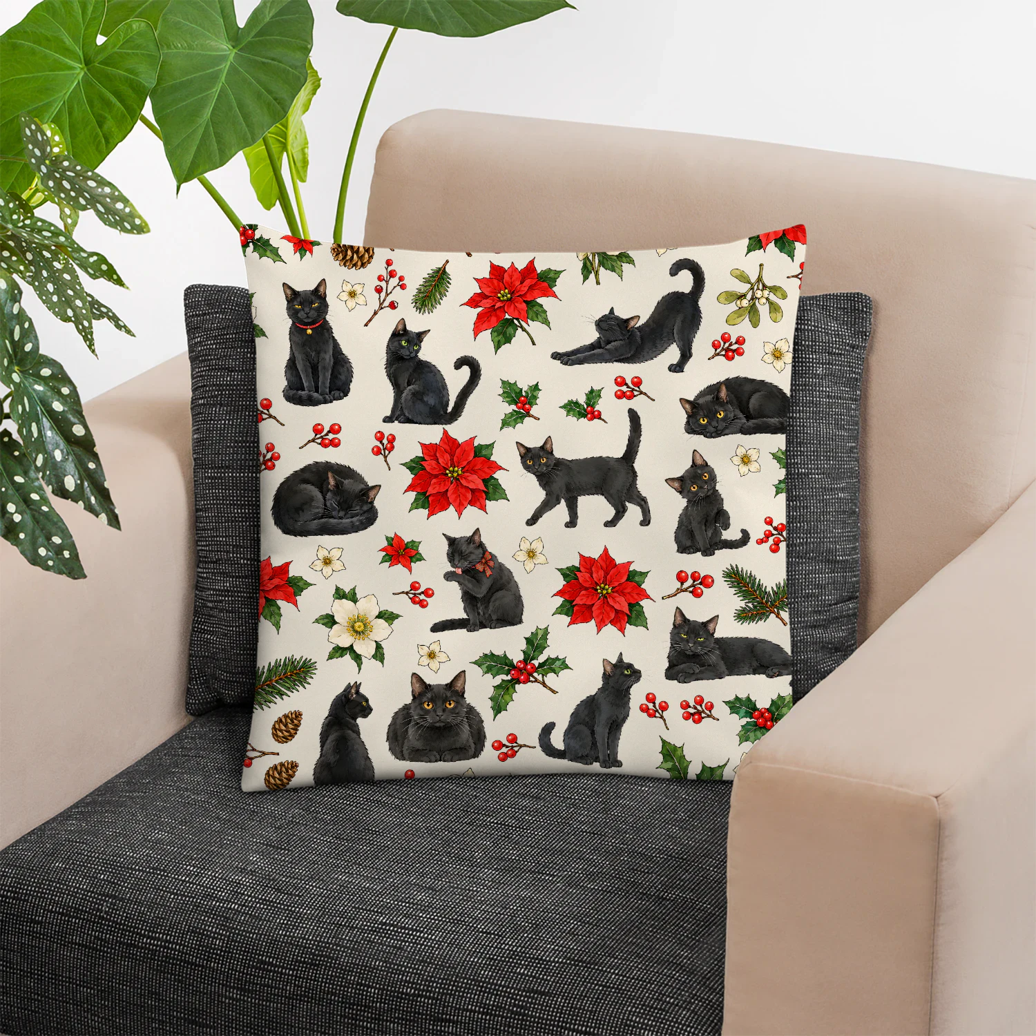 Black Cat Christmas Holly Pillow