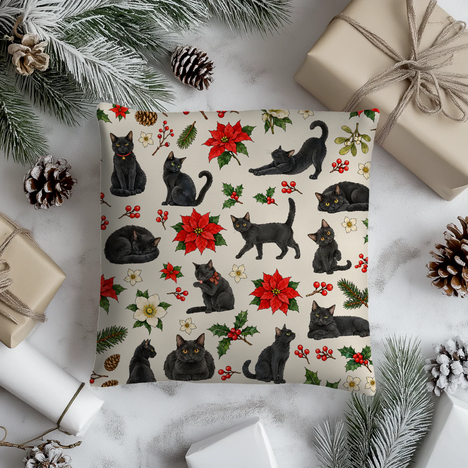 Black Cat Christmas Holly Pillow