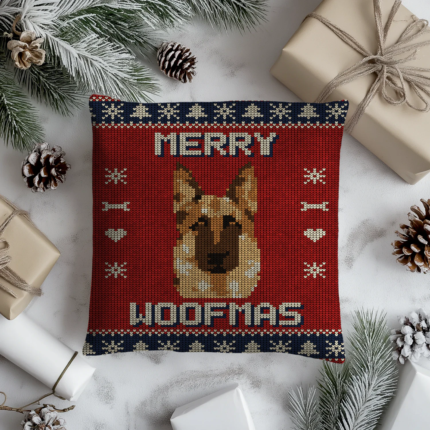 German Shepherd Merry Woofmas Sweater Pillow