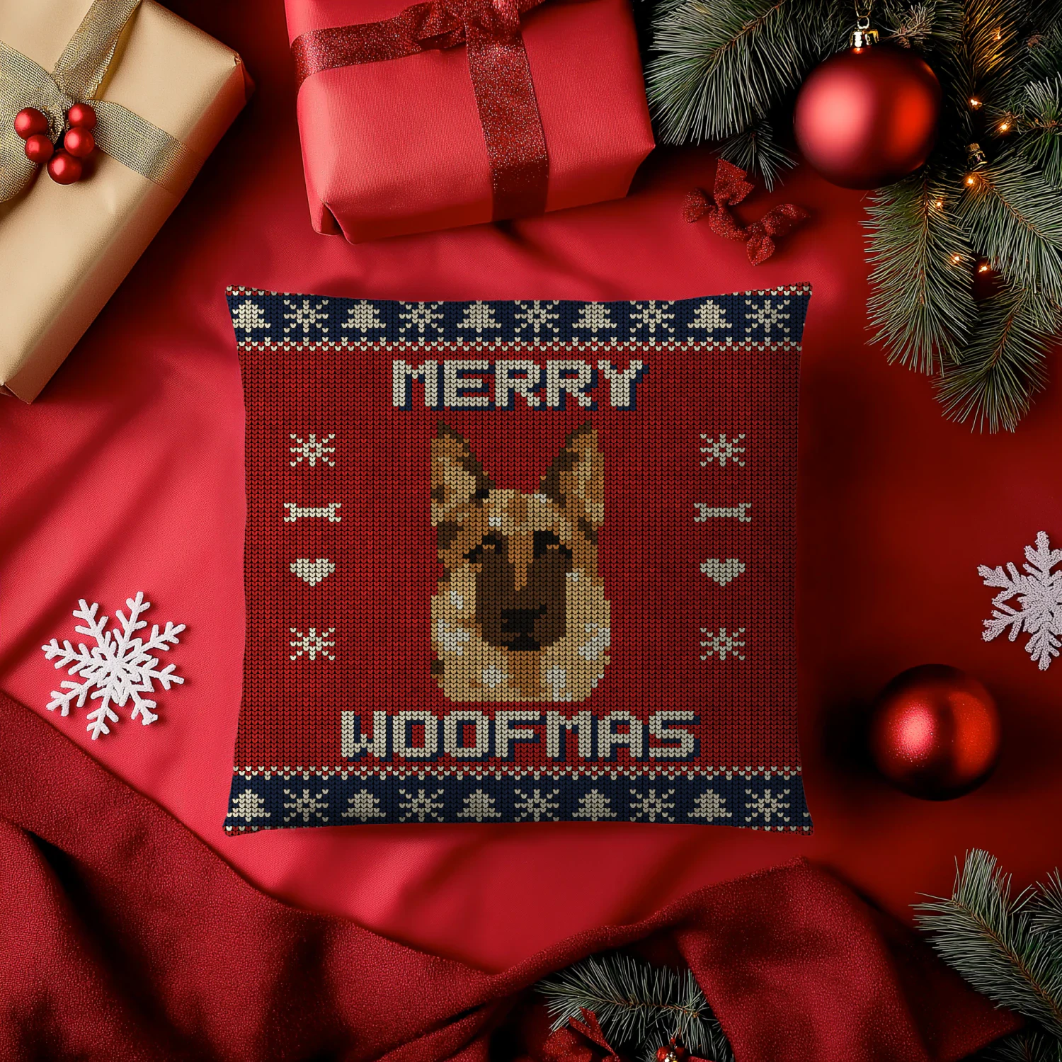 German Shepherd Merry Woofmas Sweater Pillow