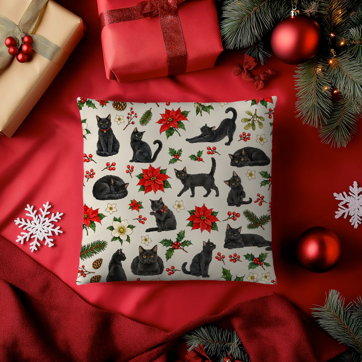 Black Cat Christmas Holly Pillow