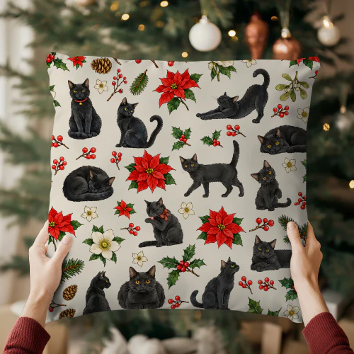 Black Cat Christmas Holly Pillow