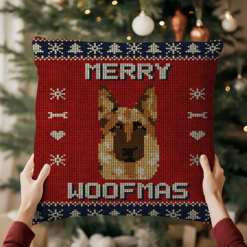 German Shepherd Merry Woofmas Sweater Pillow