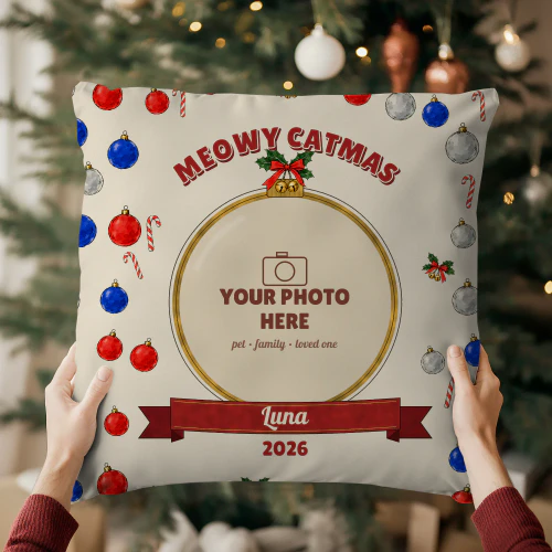 Meowy Catmas Personalized Photo Christmas Pillow