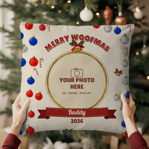 Merry Woofmas Personalized Photo Christmas Pillow