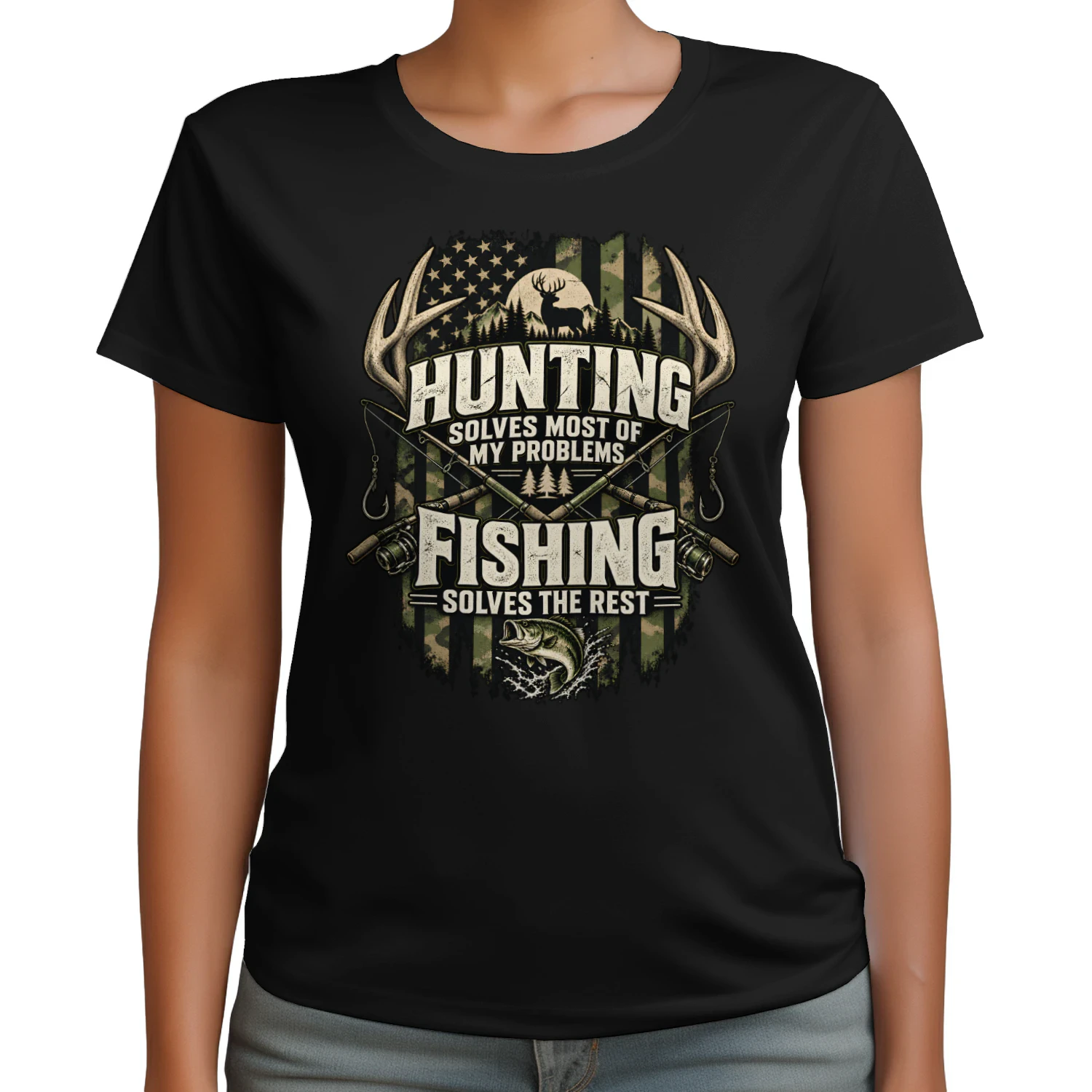 Hunting Solves Most Problems Fishing The Rest Shirt 🎣 Funny Hunting Fishing T-Shirt, Outdoor Sportsman Tee, Deer Hunter Gift, Fisherman Apparel - Get Yours!