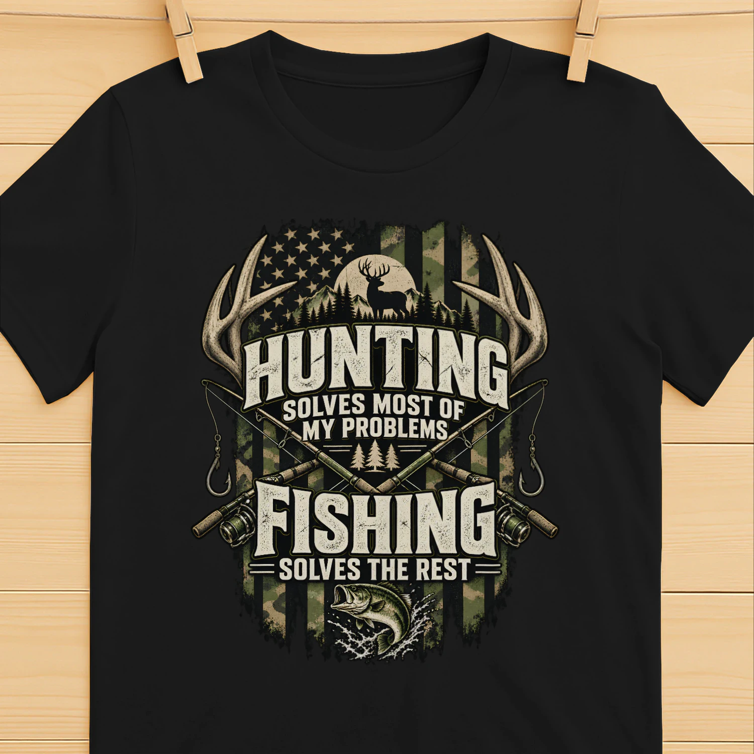Hunting Solves Most Problems Fishing The Rest Shirt 🎣 Funny Hunting Fishing T-Shirt, Outdoor Sportsman Tee, Deer Hunter Gift, Fisherman Apparel - Get Yours!