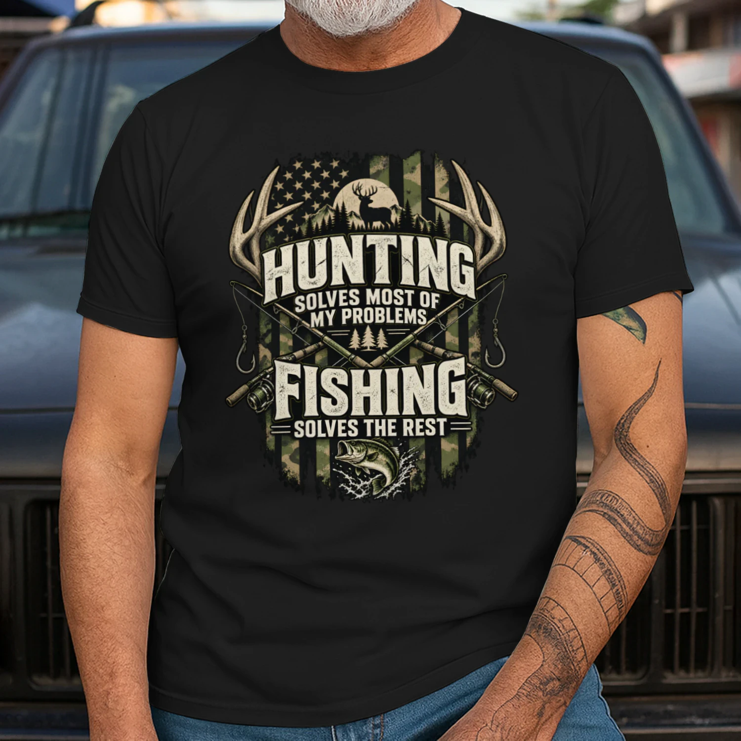 Hunting Solves Most Problems Fishing The Rest Shirt 🎣 Funny Hunting Fishing T-Shirt, Outdoor Sportsman Tee, Deer Hunter Gift, Fisherman Apparel - Get Yours!