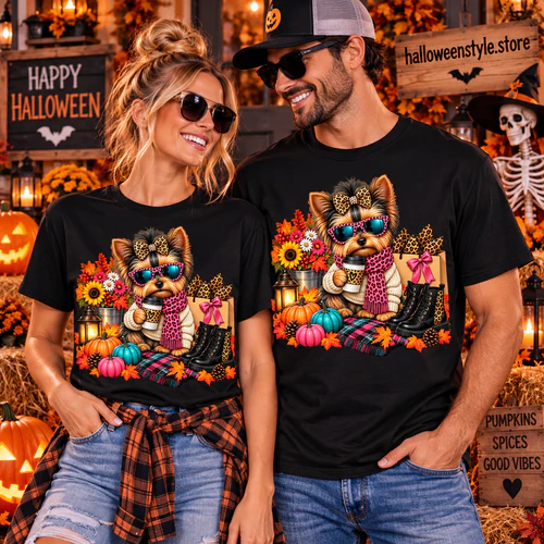 Cute Yorkie T-Shirt, Fall Shopping Dog Tee, Leopard Print Puppy Shirt, Autumn Halloween Graphic T-Shirt