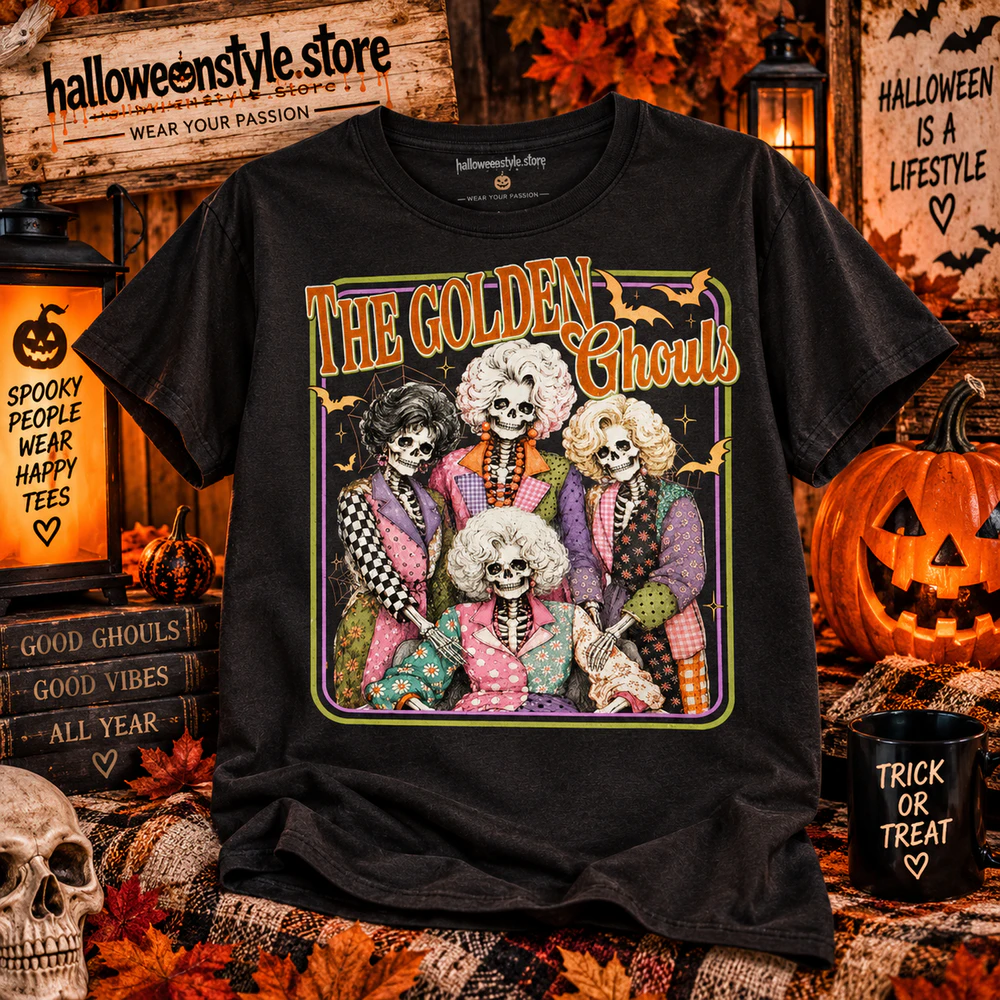 The Golden Ghouls Halloween Shirt – Retro Skeleton Ladies T-Shirt – Vintage Spooky Halloween Graphic – Cute Horror Gift
