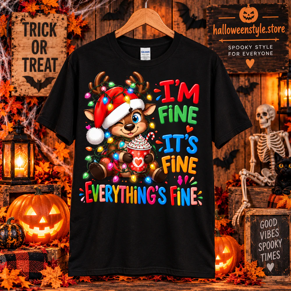 Funny Christmas Reindeer T-shirt, I’m Fine It’s Fine Everything’s Fine, Holiday Unisex Crewneck, Cozy Christmas Pullover