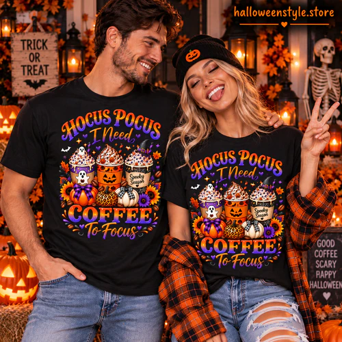 Halloween Coffee T-Shirt, Spooky Coffee Graphic Tee, Funny Fall Shirt, Pumpkin Coffee Shirt, Black Unisex Halloween Tee