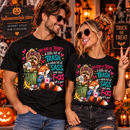 Funny Sassy Halloween T-Shirt, My Kind of Therapy Graphic Tee, Trash Sass Humor Shirt, Cute Dog & Fox Unisex Tee