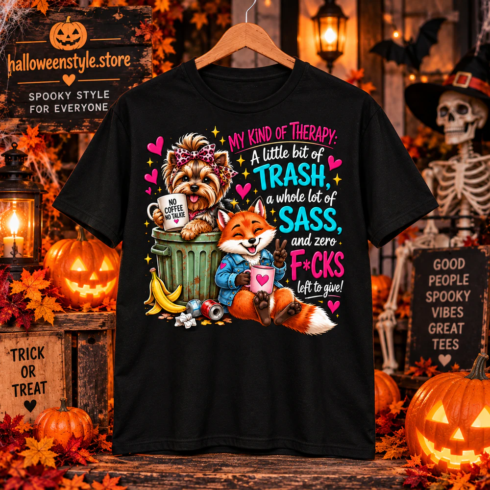 Funny Sassy Halloween T-Shirt, My Kind of Therapy Graphic Tee, Trash Sass Humor Shirt, Cute Dog & Fox Unisex Tee