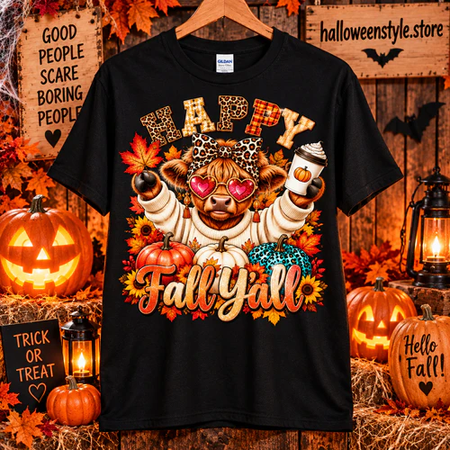 Happy Fall Y’all T-Shirt, Highland Cow Pumpkin Shirt, Funny Fall Graphic Tee, Cute Autumn Halloween Shirt