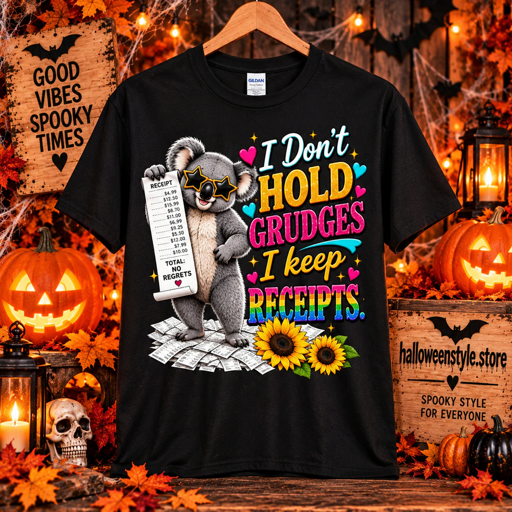 Funny Koala Halloween T-Shirt, I Don’t Hold Grudges I Keep Receipts, Sassy Humor Graphic Tee, Unisex Halloween Shirt