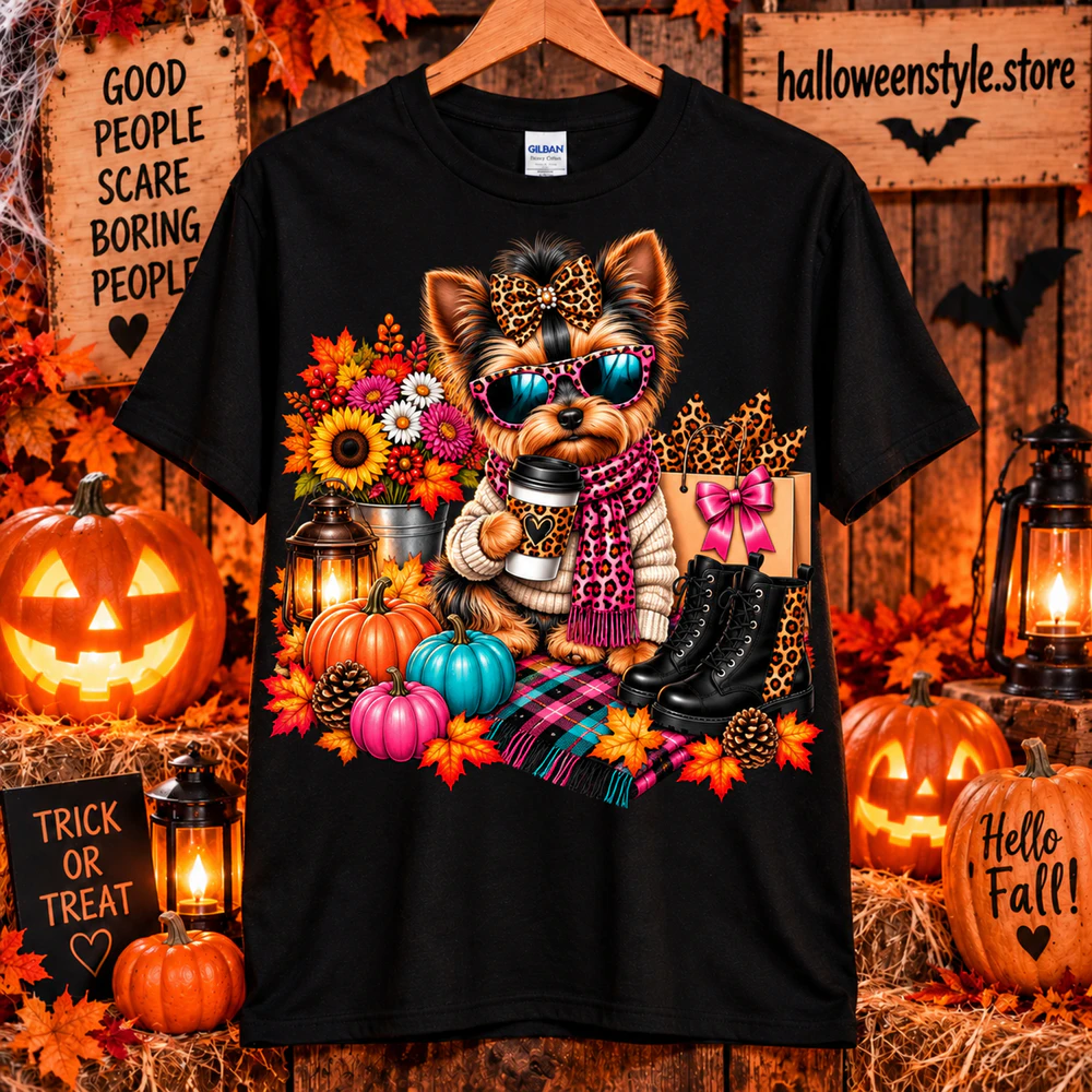 Cute Yorkie T-Shirt, Fall Shopping Dog Tee, Leopard Print Puppy Shirt, Autumn Halloween Graphic T-Shirt