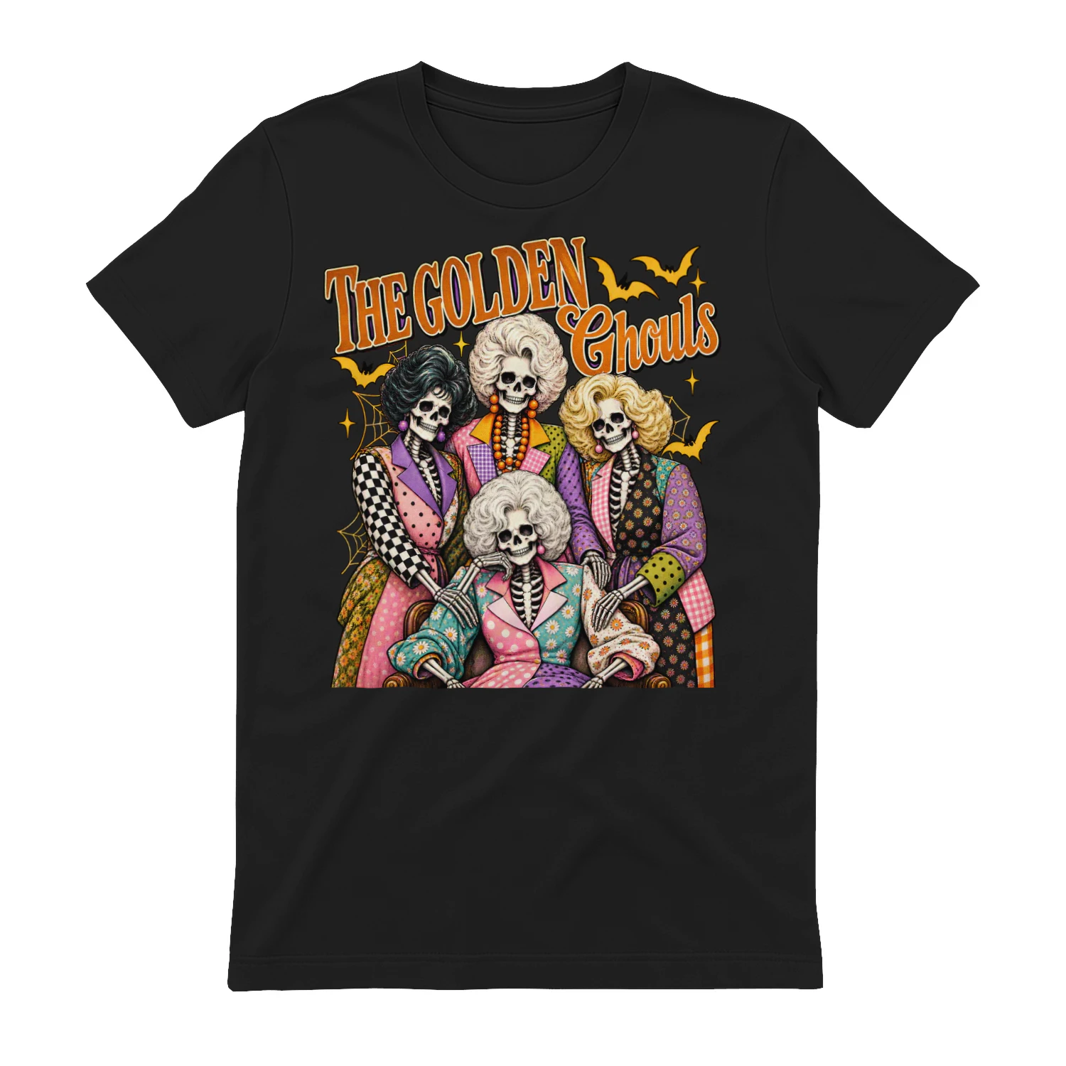The Golden Ghouls Halloween Shirt – Retro Skeleton Ladies T-Shirt – Vintage Spooky Halloween Graphic – Cute Horror Gift