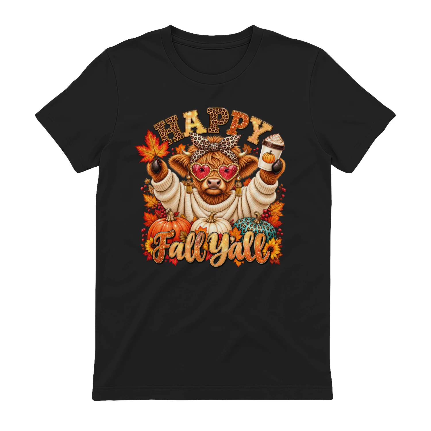 Happy Fall Y’all T-Shirt, Highland Cow Pumpkin Shirt, Funny Fall Graphic Tee, Cute Autumn Halloween Shirt