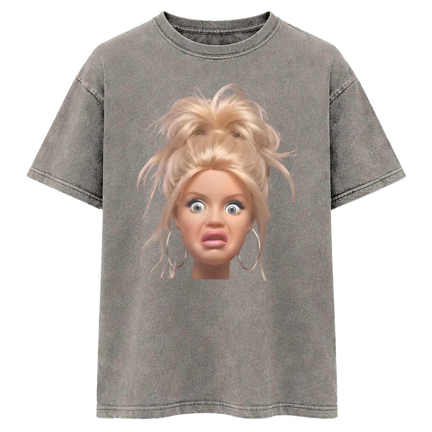 Messy Bun Funny Face Acid Washed  T-shirt