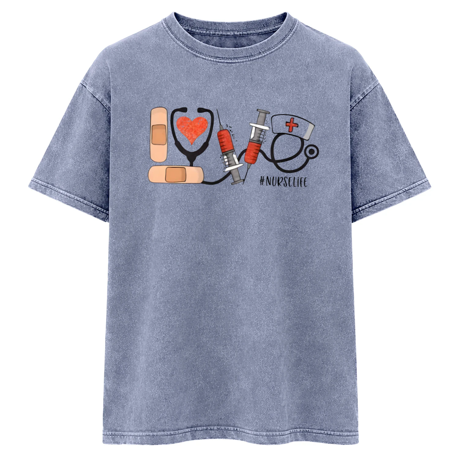 Love Nurse Life Acid Washed Round Neck T-shirt
