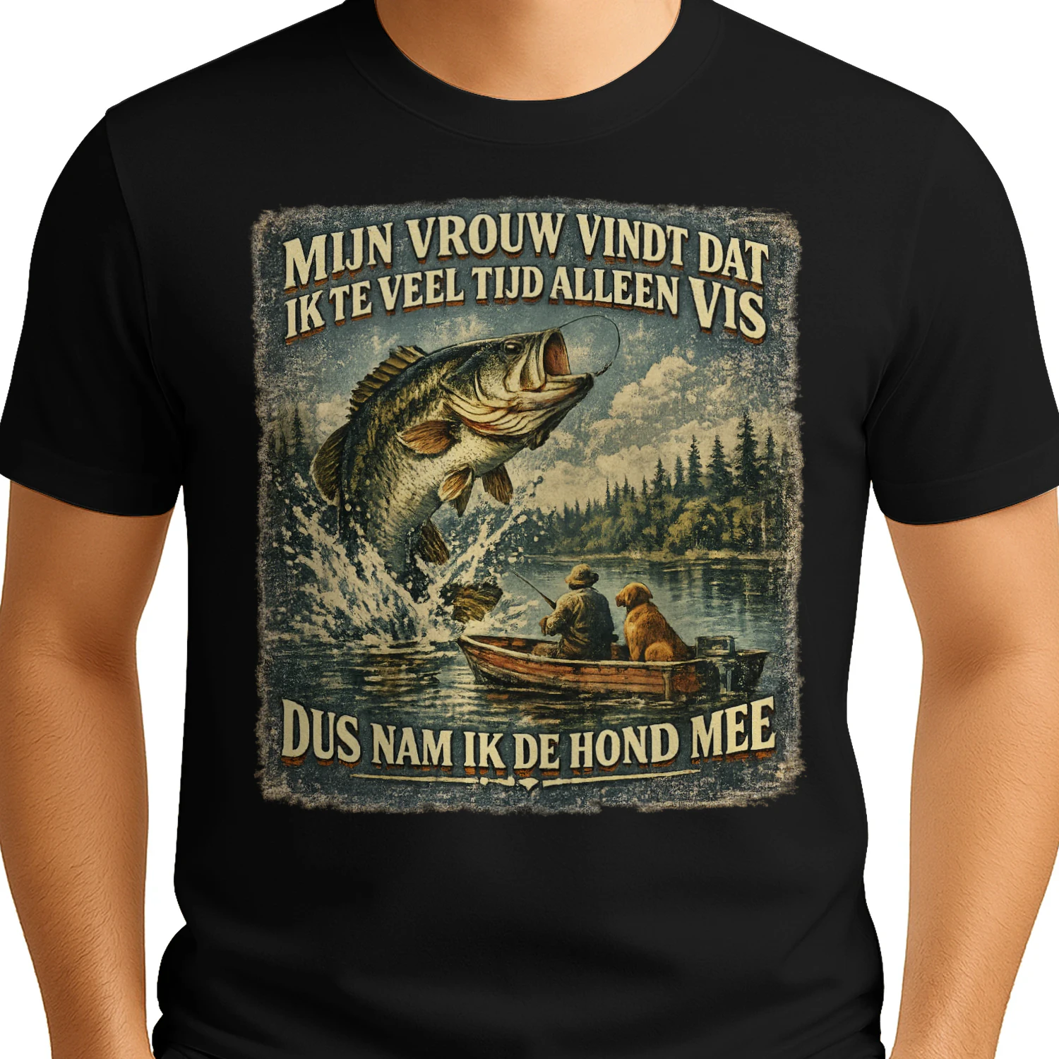 Vintage Vis T-shirt Zwart - Mijn Vrouw Vindt Dat Ik Te Veel Vis Shirt