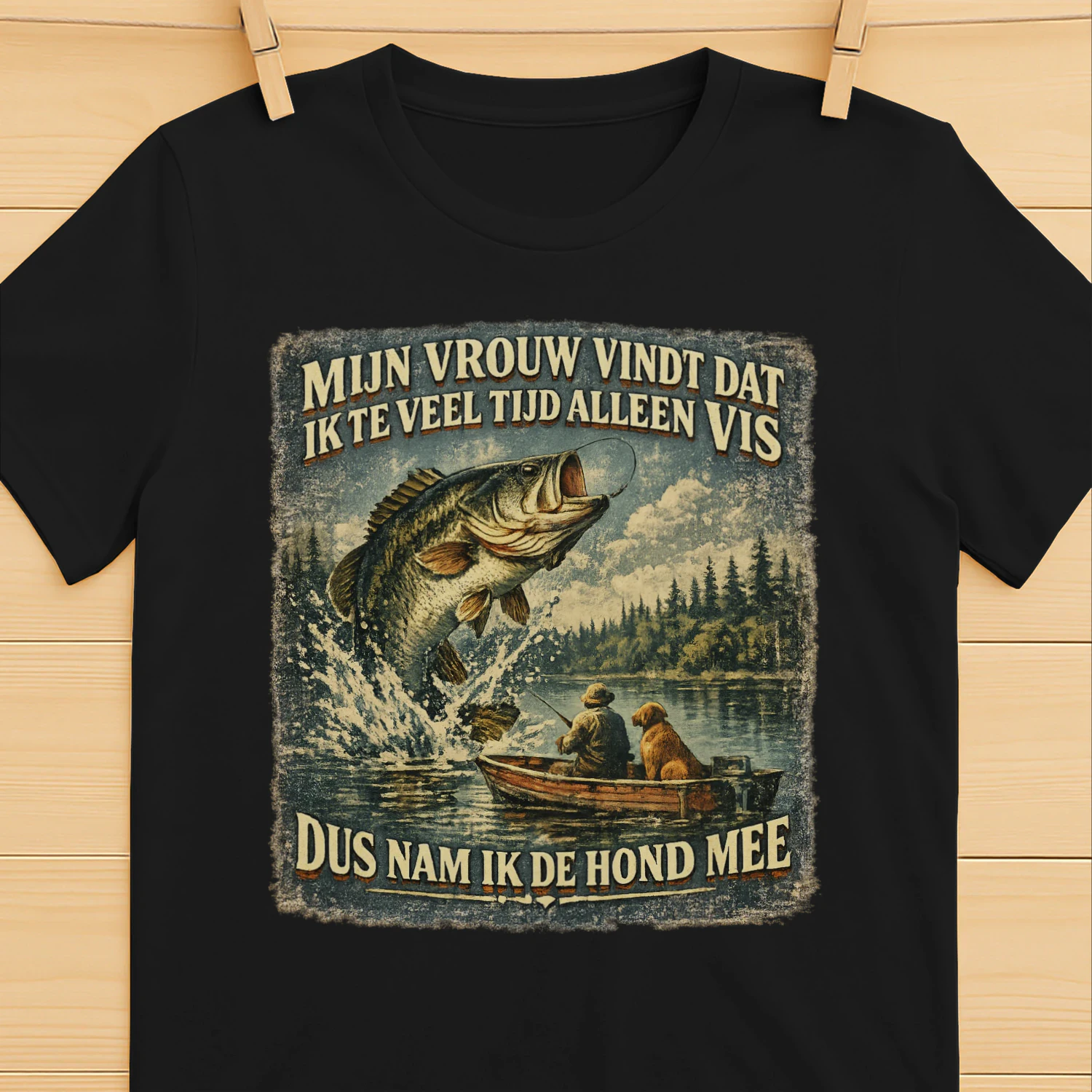 Vintage Vis T-shirt Zwart - Mijn Vrouw Vindt Dat Ik Te Veel Vis Shirt