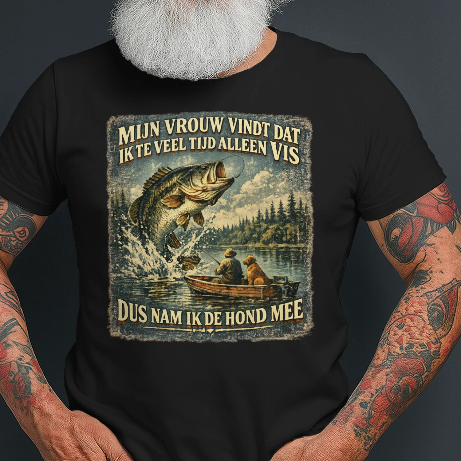 Vintage Vis T-shirt Zwart - Mijn Vrouw Vindt Dat Ik Te Veel Vis Shirt