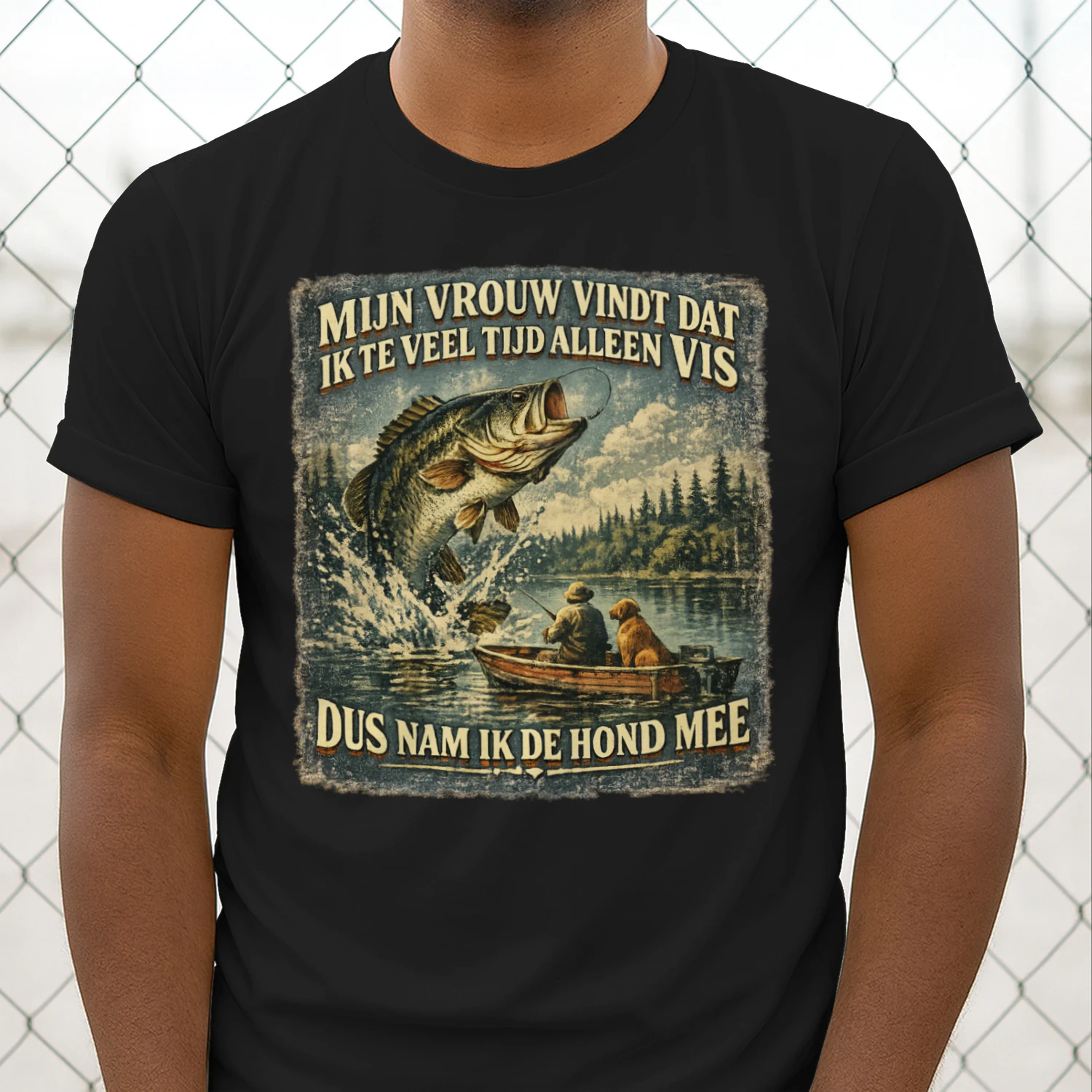 Vintage Vis T-shirt Zwart - Mijn Vrouw Vindt Dat Ik Te Veel Vis Shirt