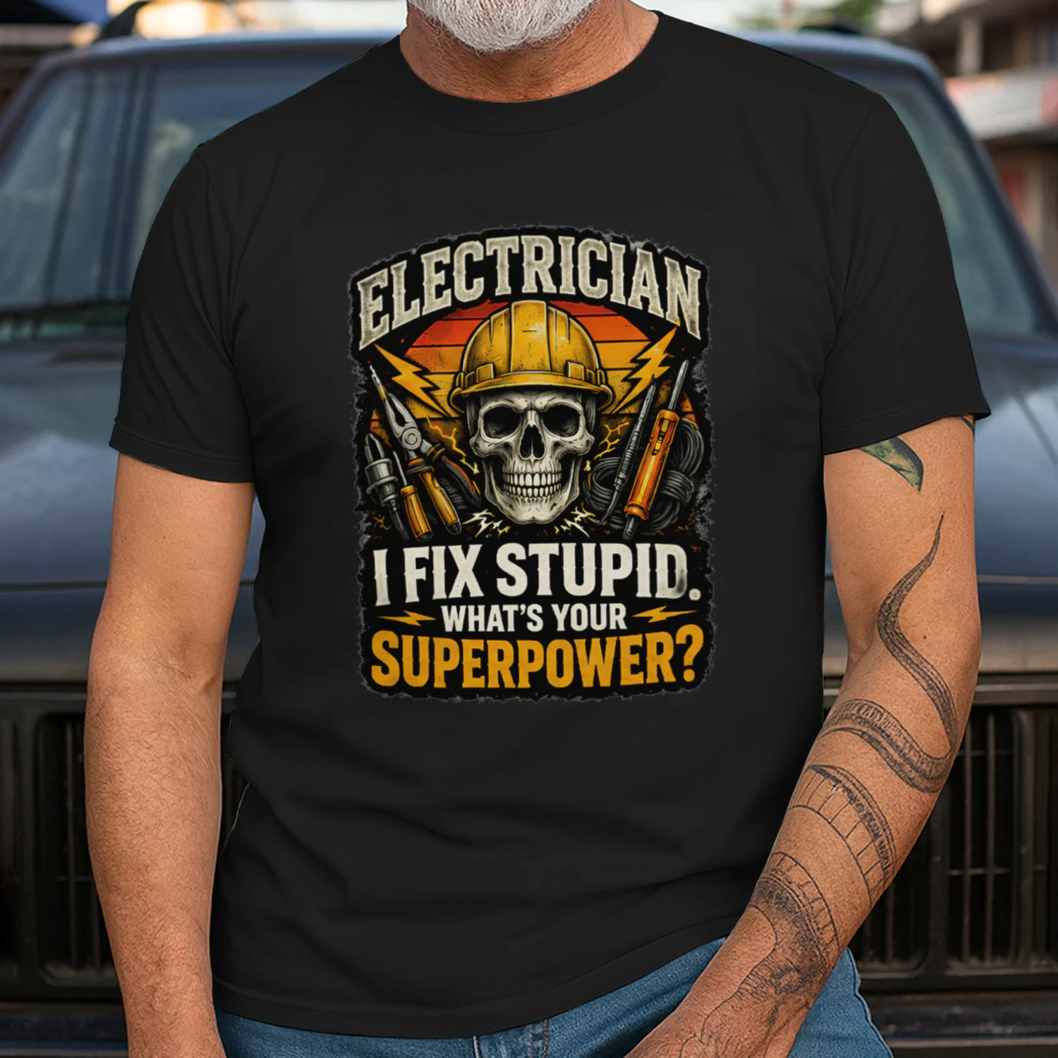 Funny Electrician Skull Gift - I Fix Stupid What's Your Superpower T-Shirt