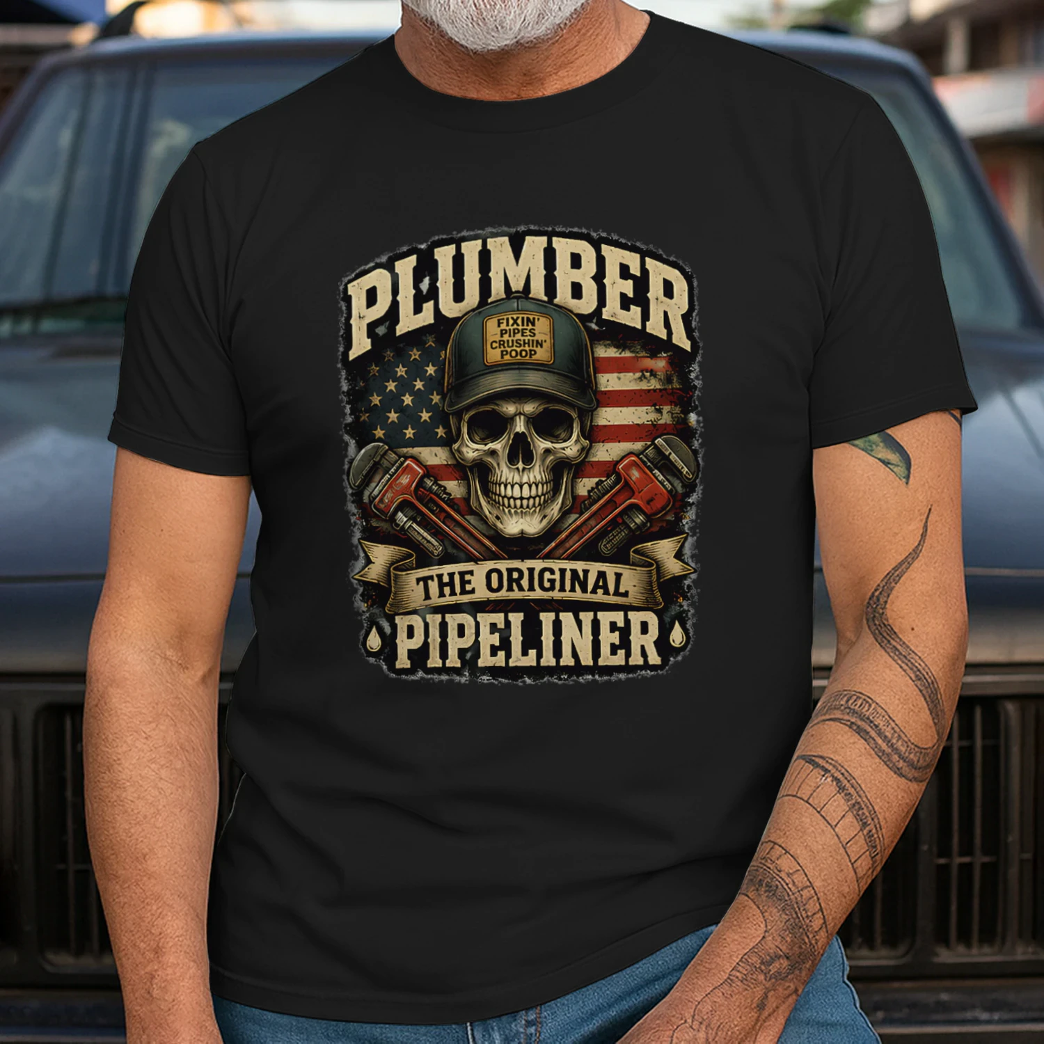 Patriotic Plumber Gift - The Original Pipeliner USA Flag T-Shirt