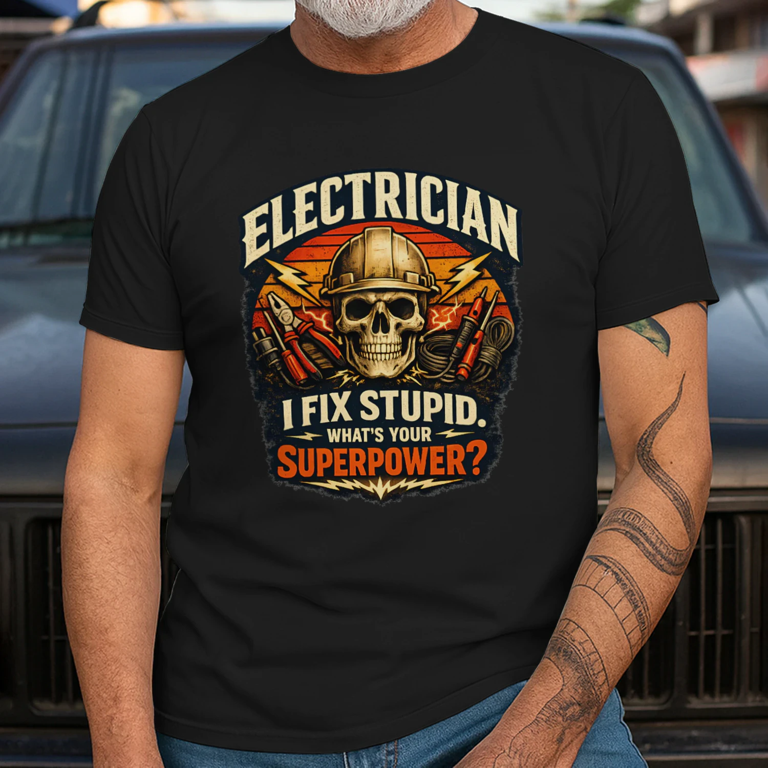 Funny Electrician Skull Gift - I Fix Stupid What's Your Superpower T-Shirt