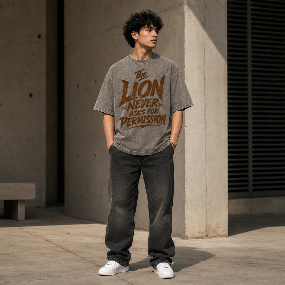 The Lion Never Asks for Permission – Premium Acid Wash Heavy Oversized T-Shirt
