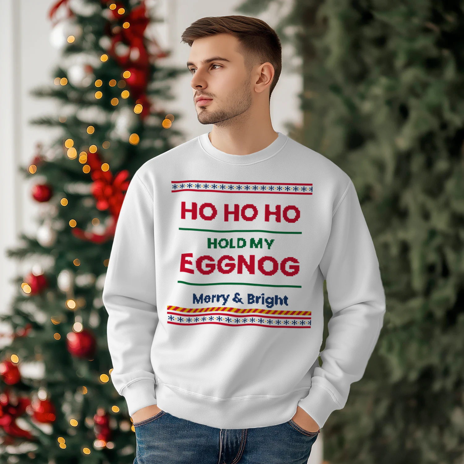 Ho Ho Hold My Eggnog Ugly Christmas Sweatshirt – Funny Unisex Holiday Crewneck