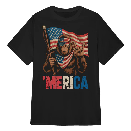 Bigfoot Merica Rock American Flag Sasquatch USA 4th Of July