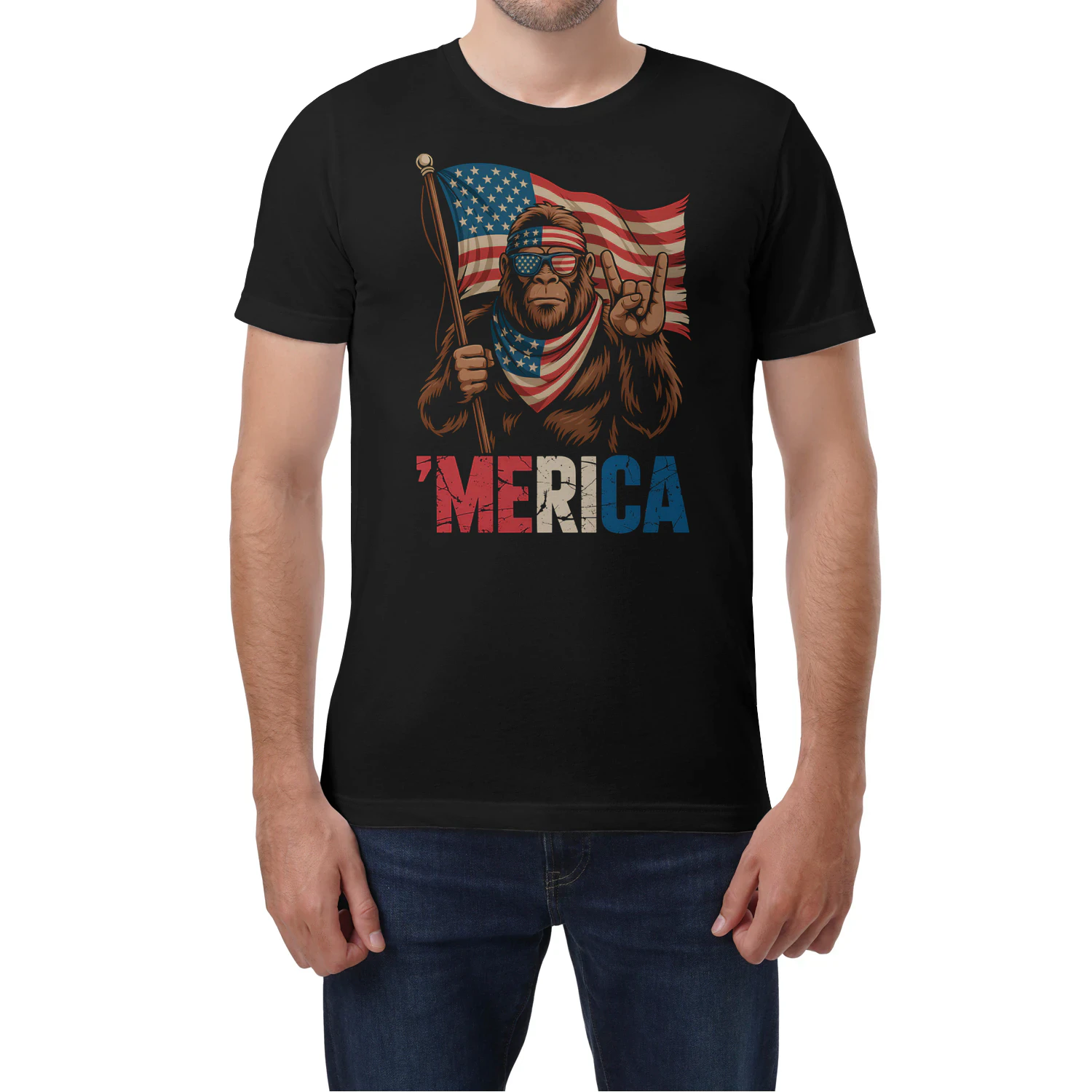 Bigfoot Merica Rock American Flag Sasquatch USA 4th Of July