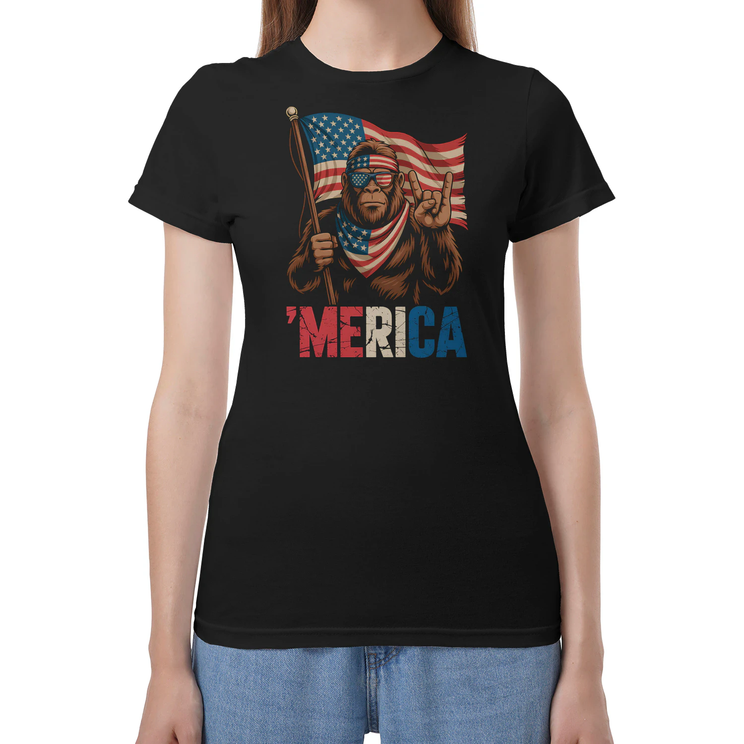 Bigfoot Merica Rock American Flag Sasquatch USA 4th Of July
