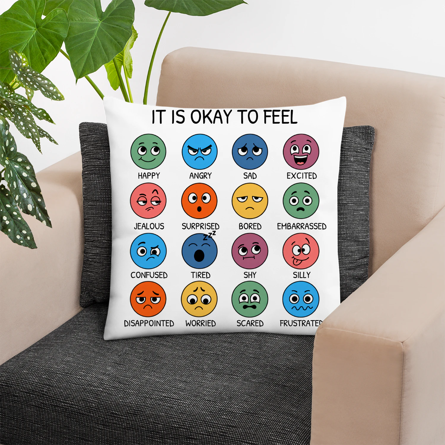 It's Okay to Feel All Your Feelings – 16 Emotions Mental Health Awareness Pillow
