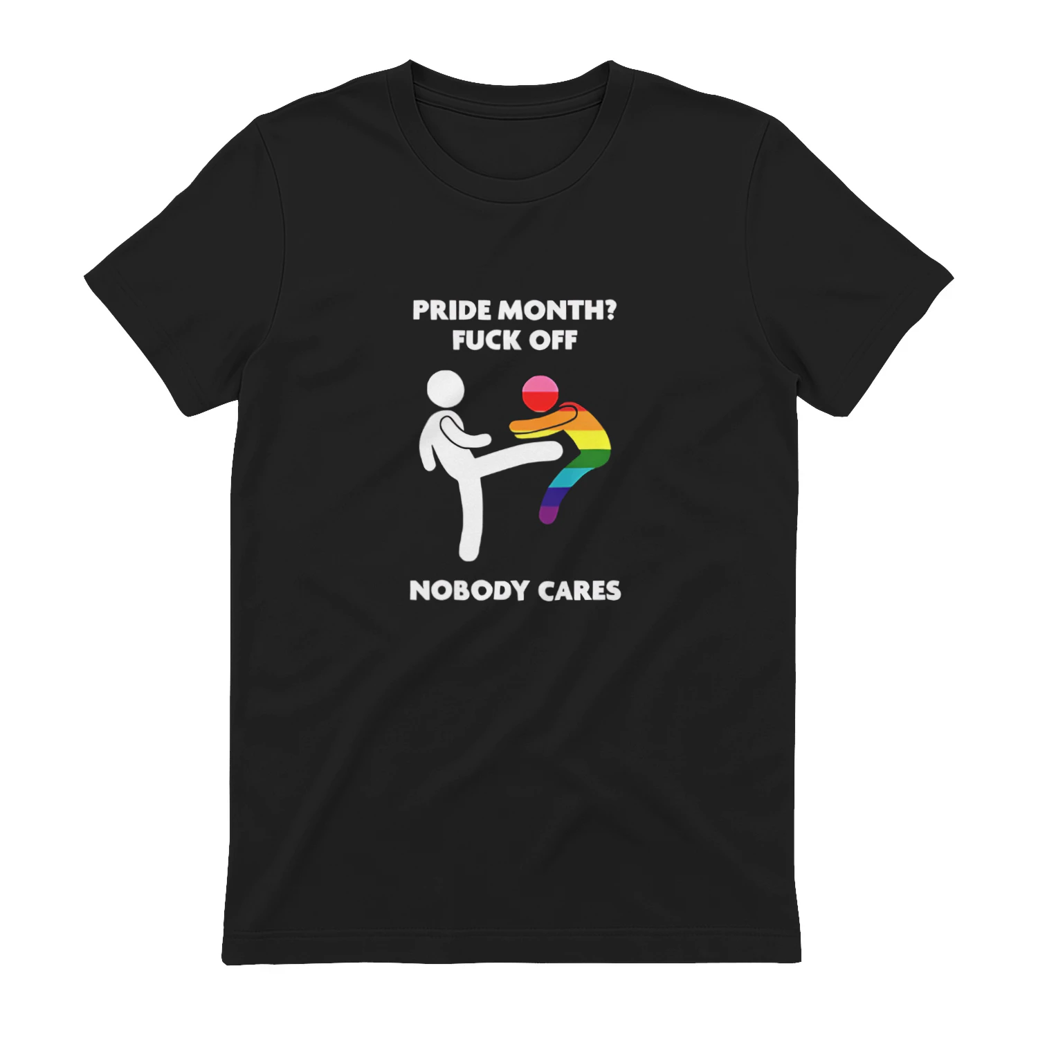 Stick figure kicking rainbow character pride month fuck off nobody cares shirt