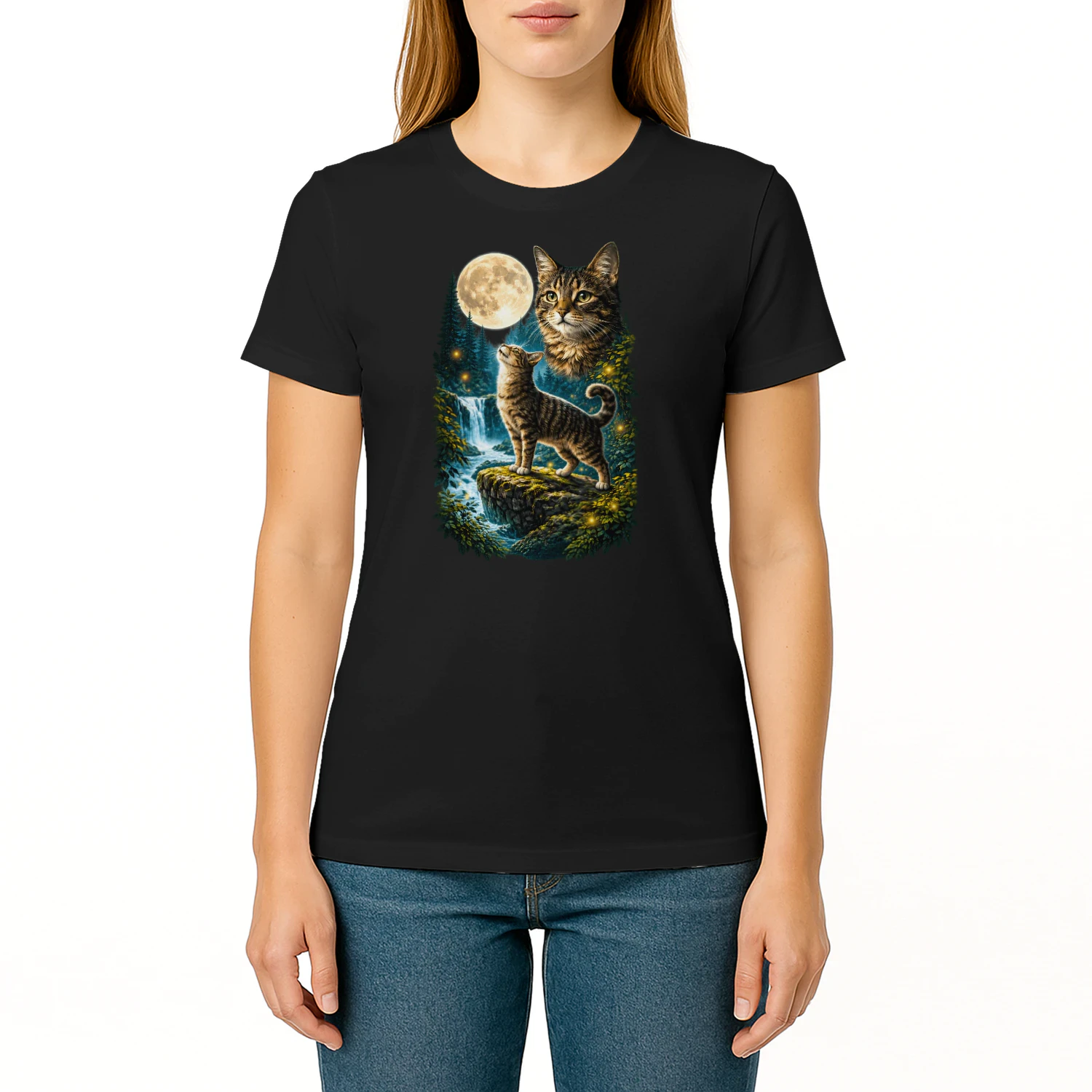 cat moon forest waterfall nature lover